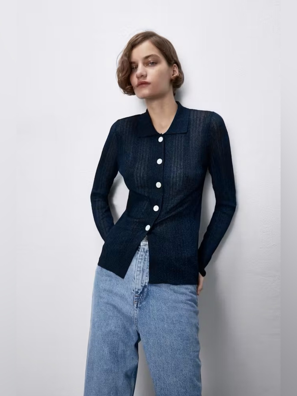 Zara Shimmer Sheer Navy Rib-Knit Button Top Sweater, Size M